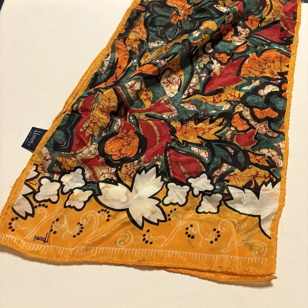 Honey Silk Scarf Colorful Fall Leaves Design 10”x52” Japan Vtg Orange Red Green